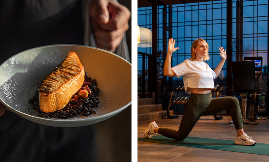 Zwei Bilder nebeneinander zu gesunder Ernährung und Fitness