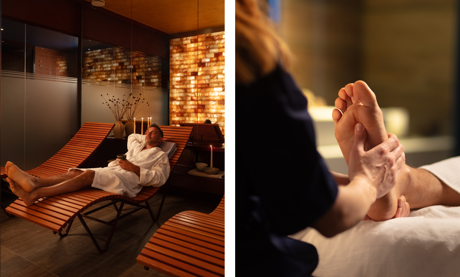 Two side-by-side images: a man lying on a chaise longue and a therapist giving a foot massage