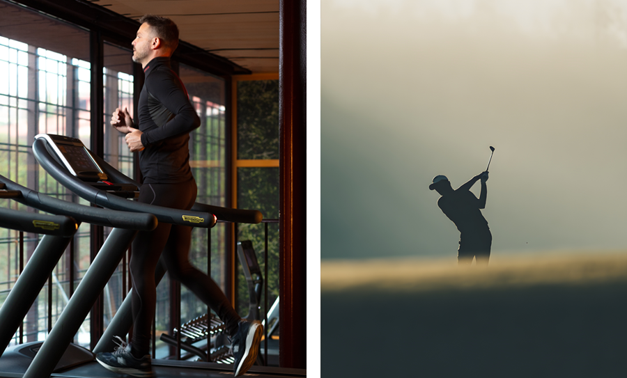 Two side-by-side images: a man running on a treadmill and a golfer